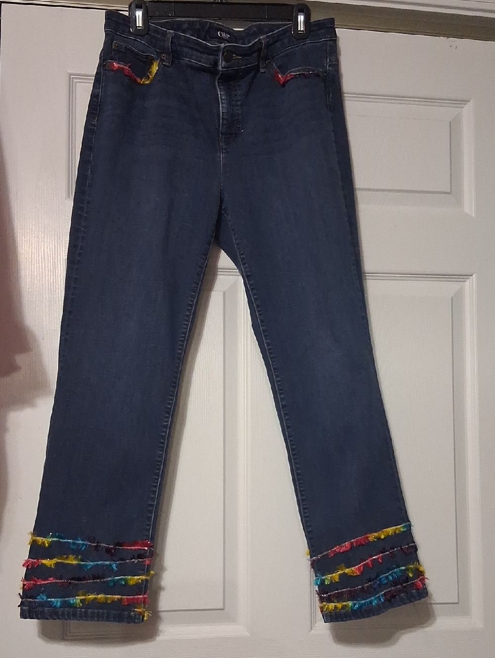 Chaps Refreshed Dark Blue Straight-Leg Jeans with Multicolor Fringe Sz 14 $28